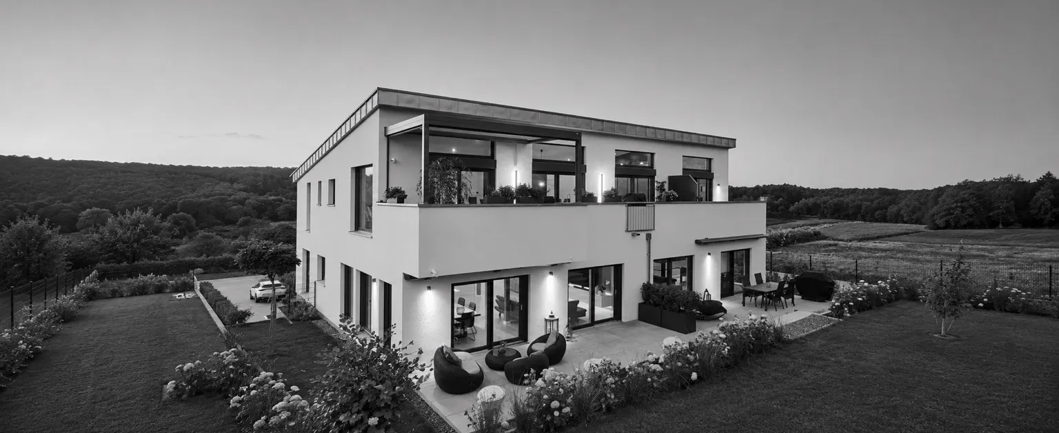 Modernes zweigeschossiges Wohnhaus mit Flachdach, beleuchteter Terrasse und gepflegtem Garten in der Abenddämmerung – ein Objekt, wie es Wehrheim Facility Management in Würzburg, Main-Spessart und Aschaffenburg betreut