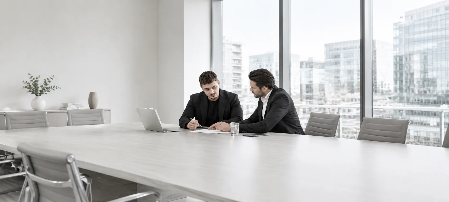 Abstimmungsgespräch an einem langen Konferenztisch in hellem, minimalistischem Büro – gemeinsame Festlegung des Betreuungsplans mit Eigentümern und Verwaltern